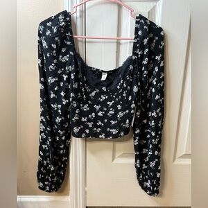 BP Black Smocked Crop Blouse with Long Sleeves